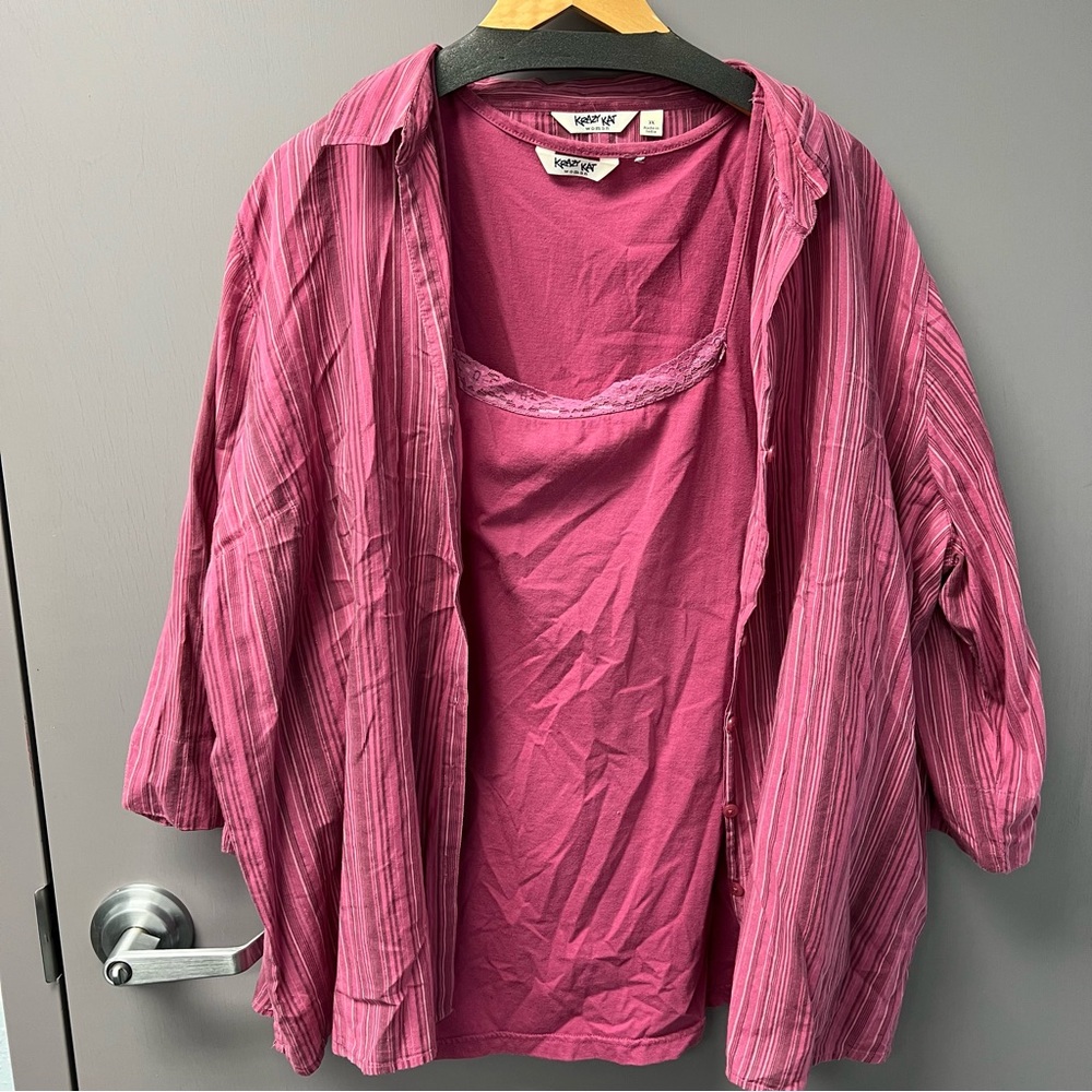 Pink 3/4 Sleeve Boxy Button Down Blouse and Tank Top